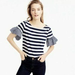 J.Crew Striped Gingham Ruffle Sleeve Top